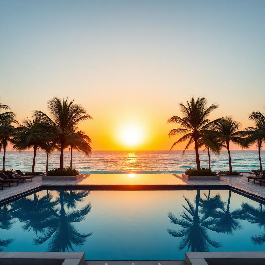 Beachfront resort infinity pool at sunset in the Riviera Maya